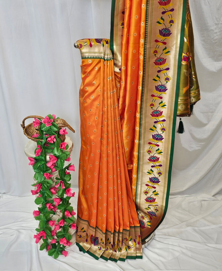 Orange Soft-Silk Paithani Saree with Gold Zari Lotus Border & Meenakari Full Butti – Wedding & Festive Wear