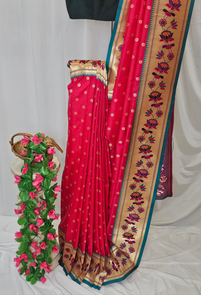 Carrot Pink Soft-Silk Paithani Saree with Gold Zari Lotus Border & Meenakari Flower Butti – Wedding & Festive Wear