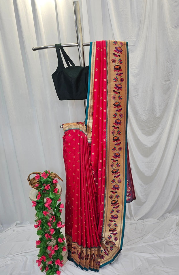 Carrot Pink Soft-Silk Paithani Saree with Gold Zari Lotus Border & Meenakari Flower Butti – Wedding & Festive Wear