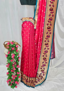 Carrot Pink Soft-Silk Paithani Saree with Gold Zari Lotus Border & Meenakari Flower Butti – Wedding & Festive Wear