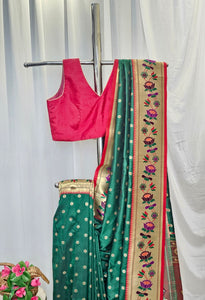 Green Soft-Silk Paithani Saree with Gold Zari Lotus Border & Meenakari Full Butti – Wedding & Festive Wear