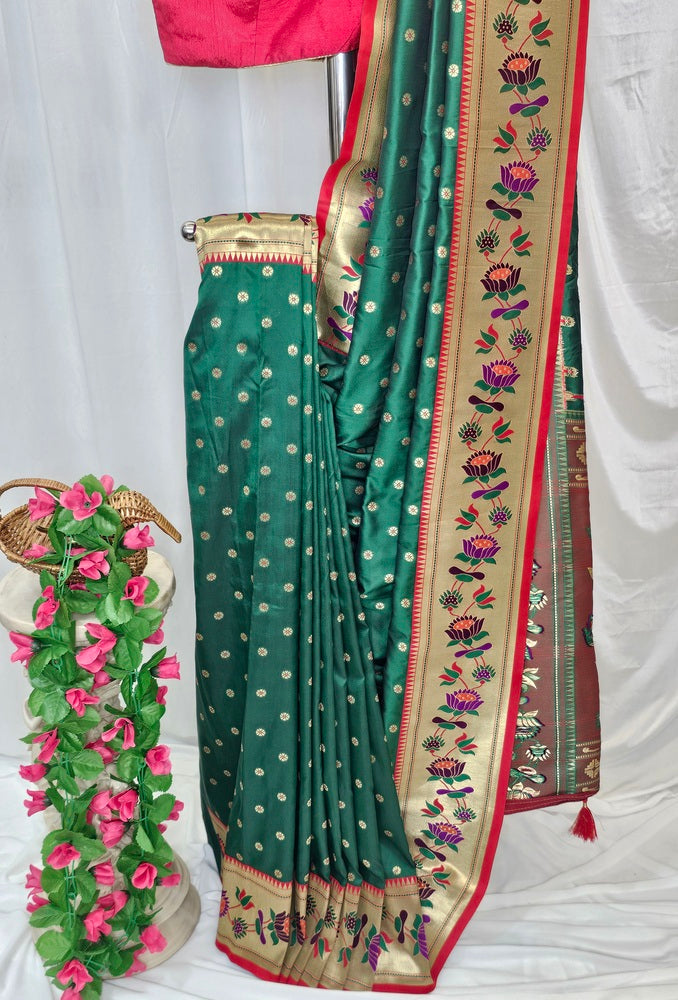 Green Soft-Silk Paithani Saree with Gold Zari Lotus Border & Meenakari Full Butti – Wedding & Festive Wear