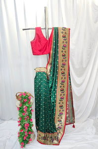 Green Soft-Silk Paithani Saree with Gold Zari Lotus Border & Meenakari Full Butti – Wedding & Festive Wear