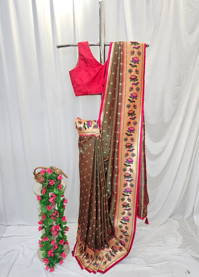 Anjiri Soft-Silk Paithani Saree with Gold Zari Lotus Border & Meenakari Flower Butti – Wedding & Festive Wear