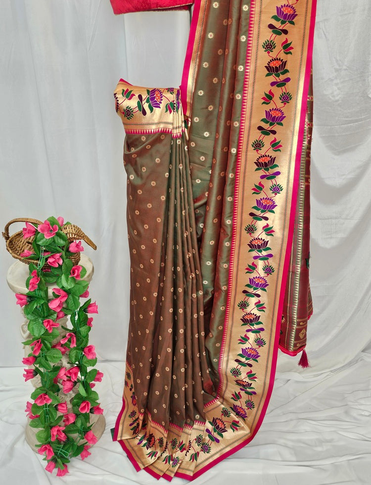 Anjiri Soft-Silk Paithani Saree with Gold Zari Lotus Border & Meenakari Flower Butti – Wedding & Festive Wear