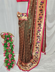 Anjiri Soft-Silk Paithani Saree with Gold Zari Lotus Border & Meenakari Flower Butti – Wedding & Festive Wear