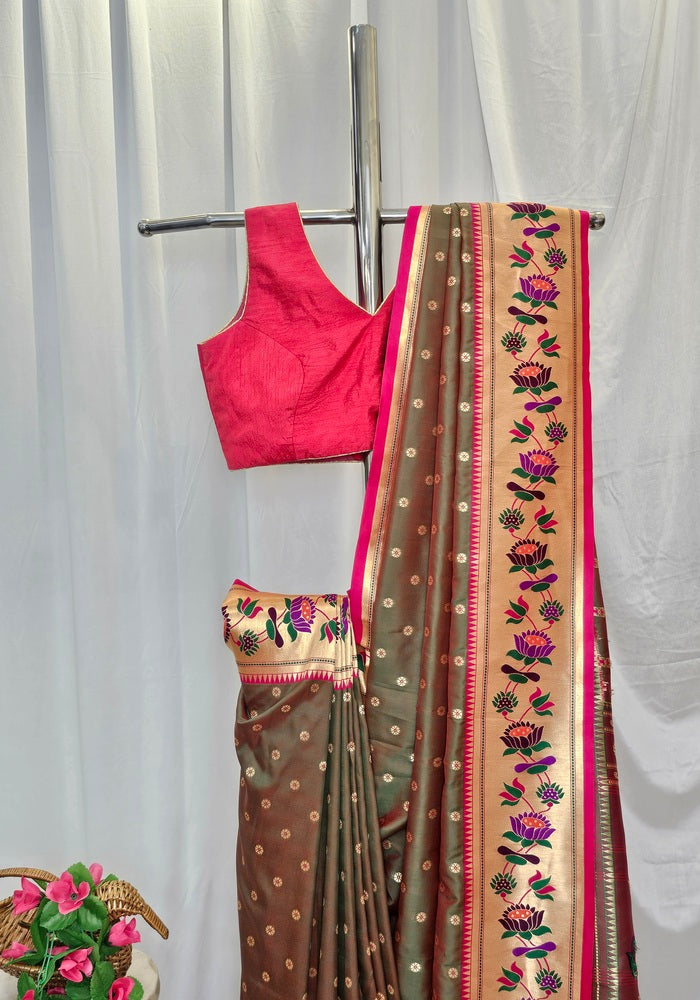 Anjiri Soft-Silk Paithani Saree with Gold Zari Lotus Border & Meenakari Flower Butti – Wedding & Festive Wear