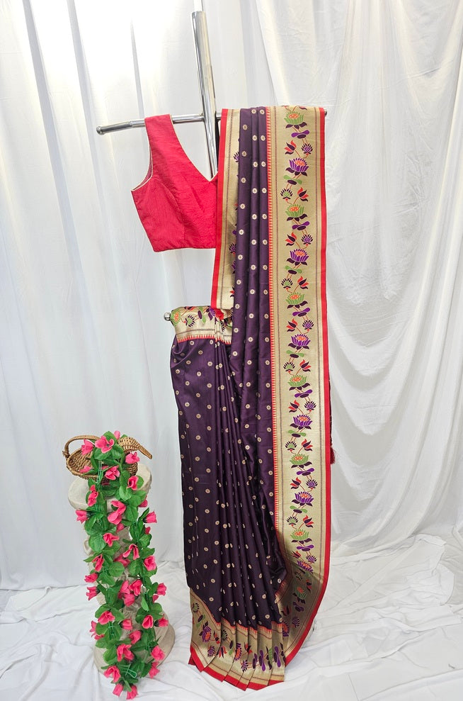 Wine Soft-Silk Paithani Saree with Gold Zari Lotus Border & Meenakari Full Butti – Wedding & Festive Wear