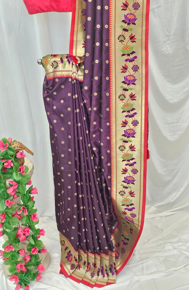 Wine Soft-Silk Paithani Saree with Gold Zari Lotus Border & Meenakari Full Butti – Wedding & Festive Wear