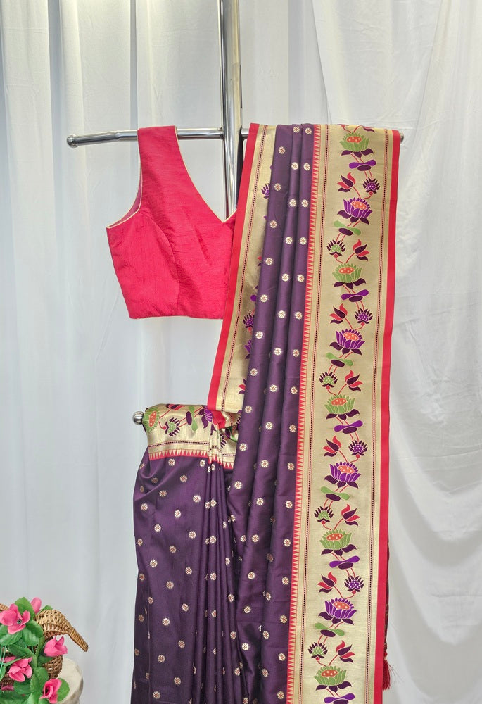 Wine Soft-Silk Paithani Saree with Gold Zari Lotus Border & Meenakari Full Butti – Wedding & Festive Wear