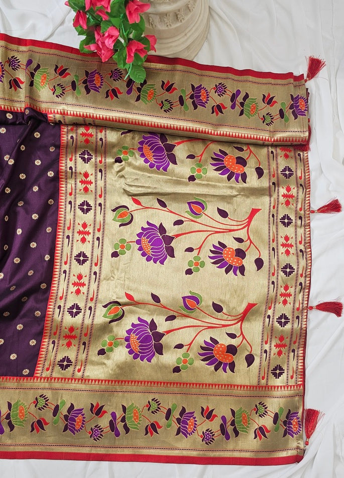 Wine Soft-Silk Paithani Saree with Gold Zari Lotus Border & Meenakari Full Butti – Wedding & Festive Wear