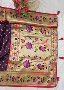 Wine Soft-Silk Paithani Saree with Gold Zari Lotus Border & Meenakari Full Butti – Wedding & Festive Wear