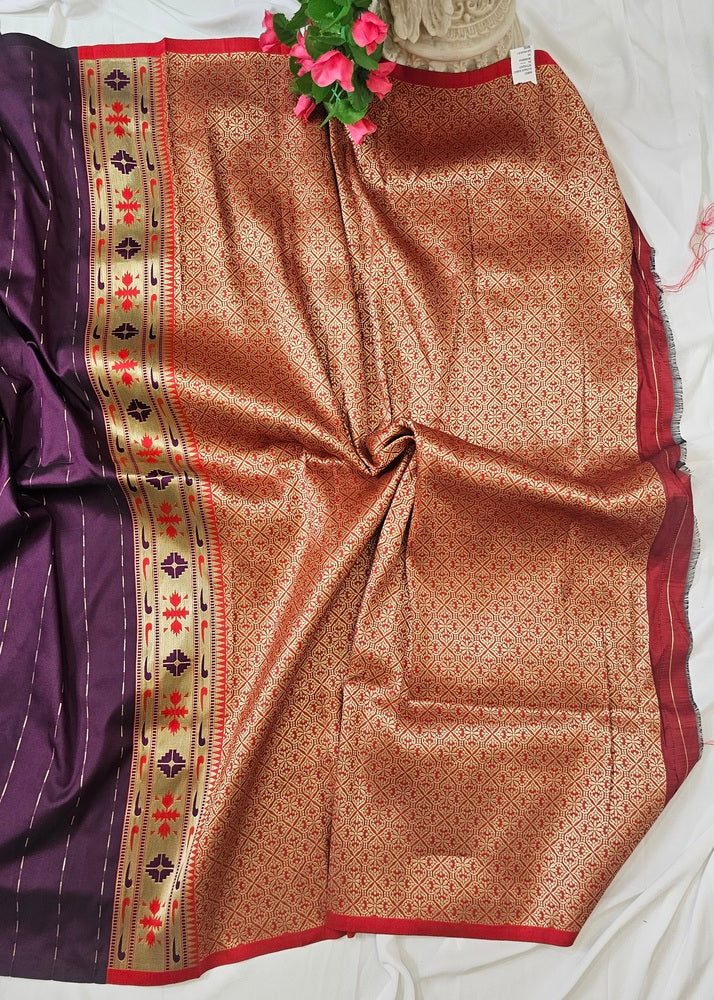 Wine Soft-Silk Paithani Saree with Gold Zari Lotus Border & Meenakari Full Butti – Wedding & Festive Wear