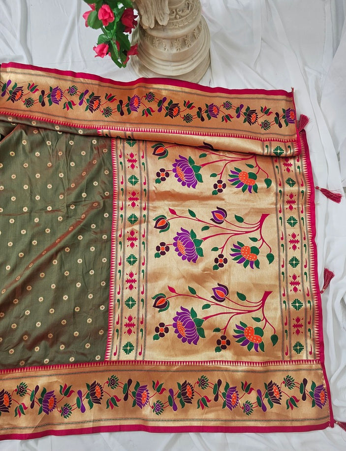 Anjiri Soft-Silk Paithani Saree with Gold Zari Lotus Border & Meenakari Flower Butti – Wedding & Festive Wear