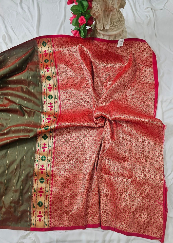 Anjiri Soft-Silk Paithani Saree with Gold Zari Lotus Border & Meenakari Flower Butti – Wedding & Festive Wear