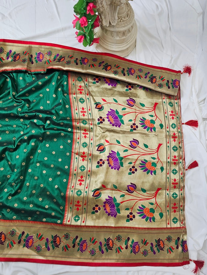 Green Soft-Silk Paithani Saree with Gold Zari Lotus Border & Meenakari Full Butti – Wedding & Festive Wear