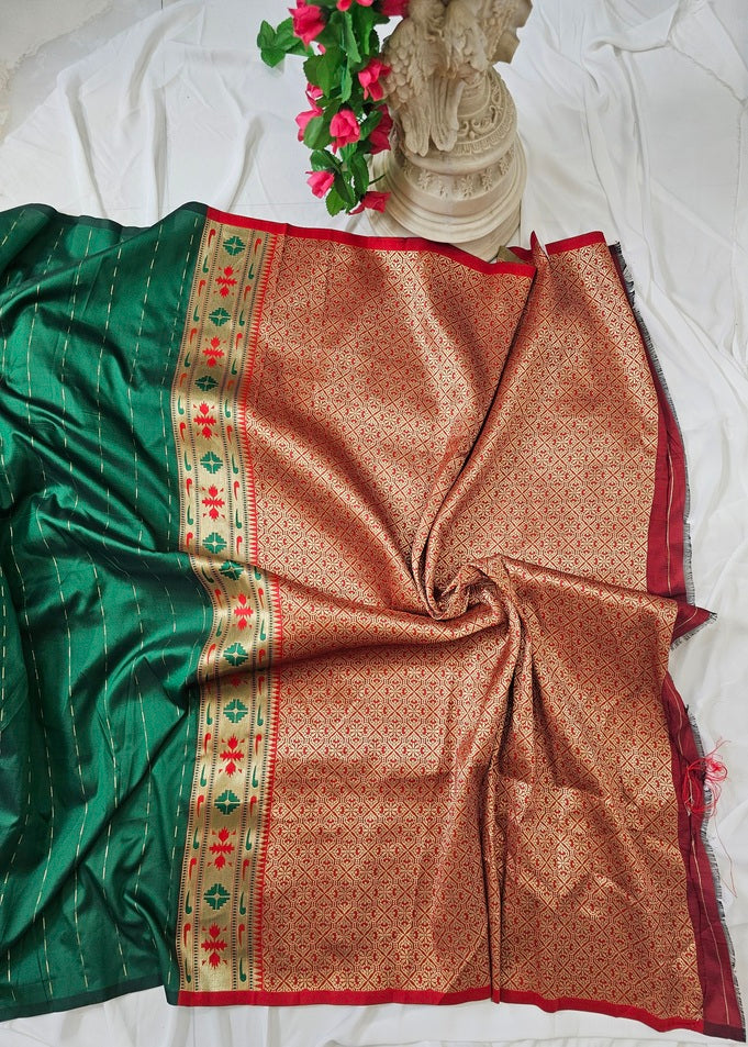 Green Soft-Silk Paithani Saree with Gold Zari Lotus Border & Meenakari Full Butti – Wedding & Festive Wear