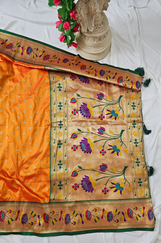 Orange Soft-Silk Paithani Saree with Gold Zari Lotus Border & Meenakari Full Butti – Wedding & Festive Wear