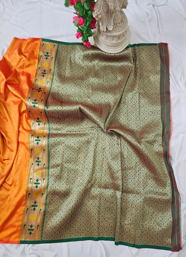 Orange Soft-Silk Paithani Saree with Gold Zari Lotus Border & Meenakari Full Butti – Wedding & Festive Wear