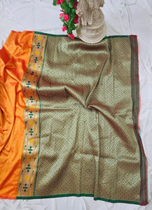 Orange Soft-Silk Paithani Saree with Gold Zari Lotus Border & Meenakari Full Butti – Wedding & Festive Wear
