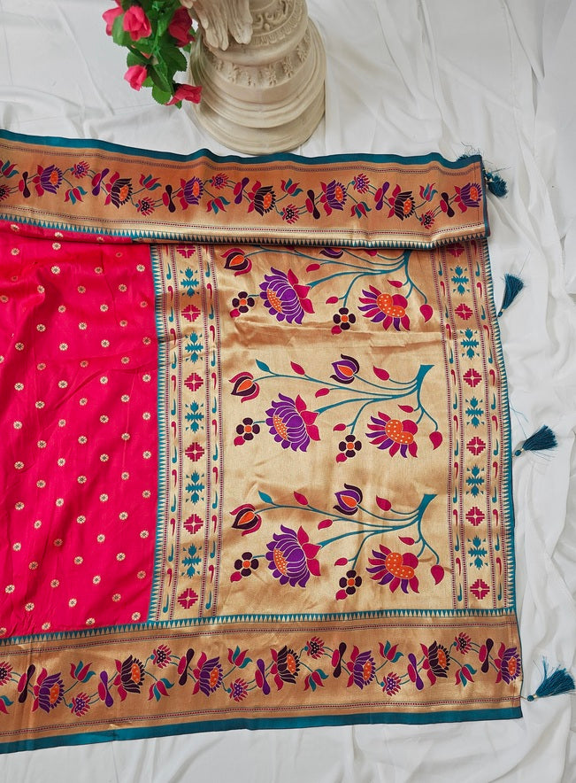 Carrot Pink Soft-Silk Paithani Saree with Gold Zari Lotus Border & Meenakari Flower Butti – Wedding & Festive Wear