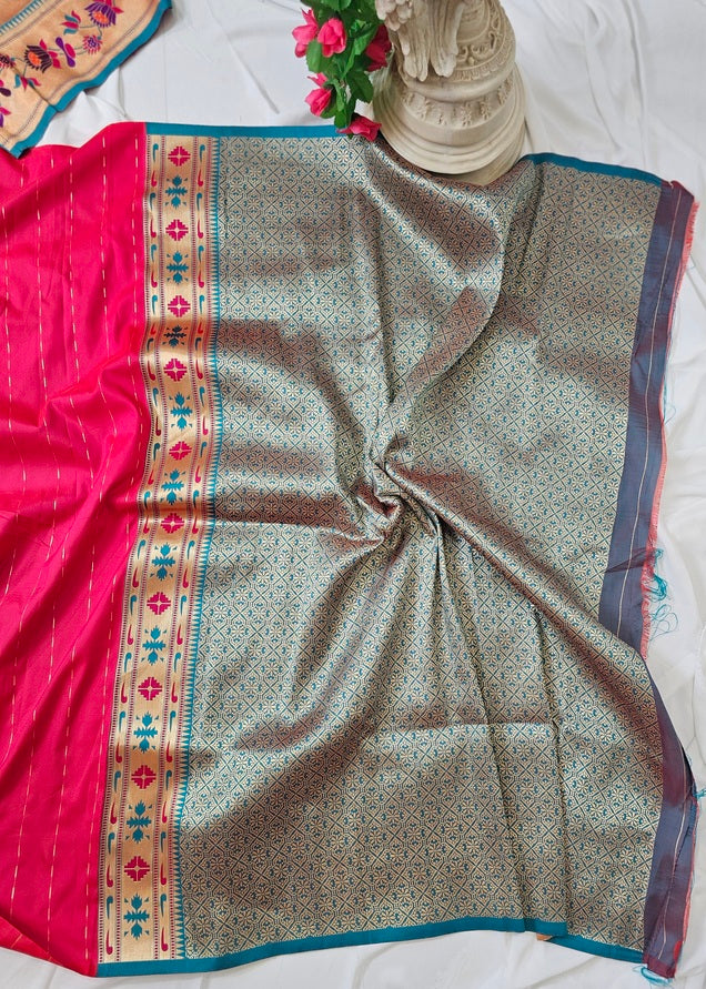 Carrot Pink Soft-Silk Paithani Saree with Gold Zari Lotus Border & Meenakari Flower Butti – Wedding & Festive Wear