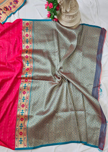 Carrot Pink Soft-Silk Paithani Saree with Gold Zari Lotus Border & Meenakari Flower Butti – Wedding & Festive Wear