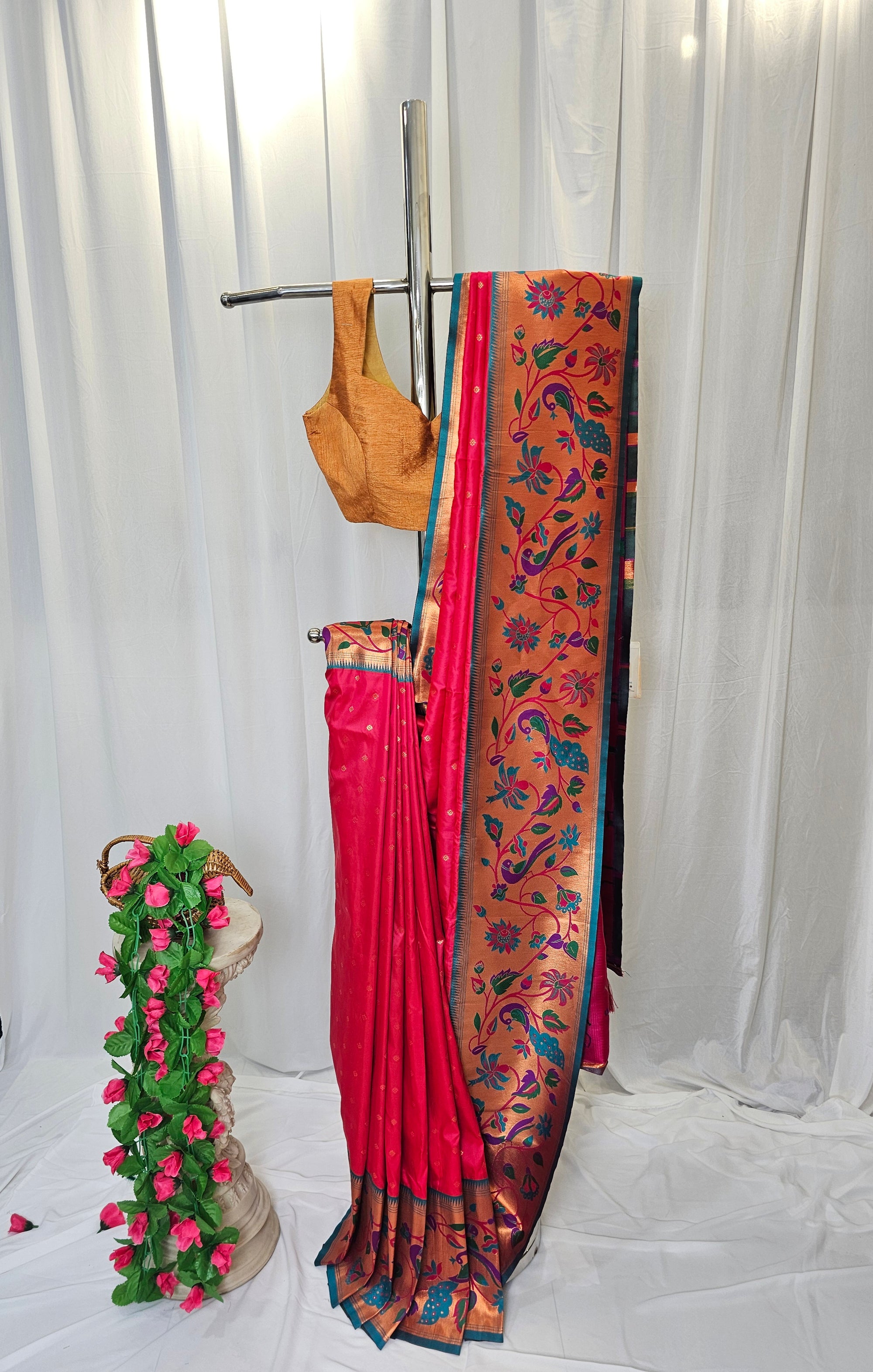 Carrot Pink Soft-Silk Paithani Saree with Copper Zari Peacock, Parrot & Sunflower Border and Karnful Full Butti – Wedding & Festive Wear