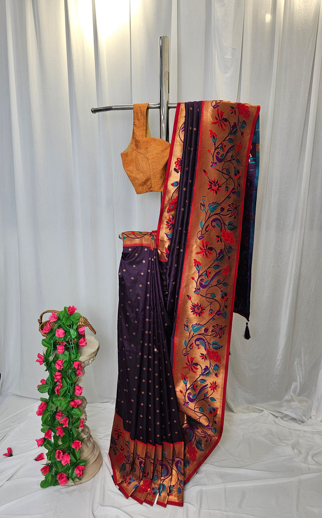 Wine Soft-Silk Paithani Saree with Copper Zari Peacock & Sunflower Border and Karnful Full Butti – Wedding & Festive Wear