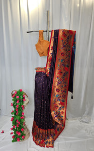 Wine Soft-Silk Paithani Saree with Copper Zari Peacock & Sunflower Border and Karnful Full Butti – Wedding & Festive Wear