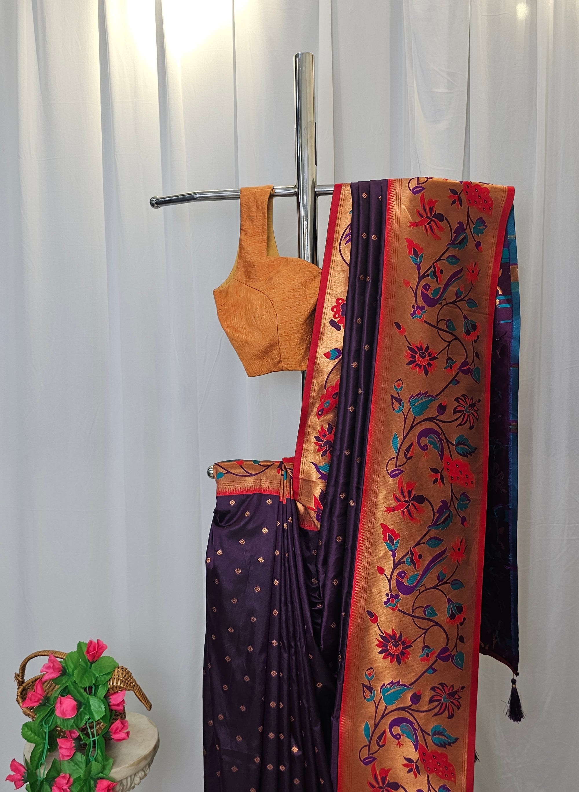 Wine Soft-Silk Paithani Saree with Copper Zari Peacock & Sunflower Border and Karnful Full Butti – Wedding & Festive Wear