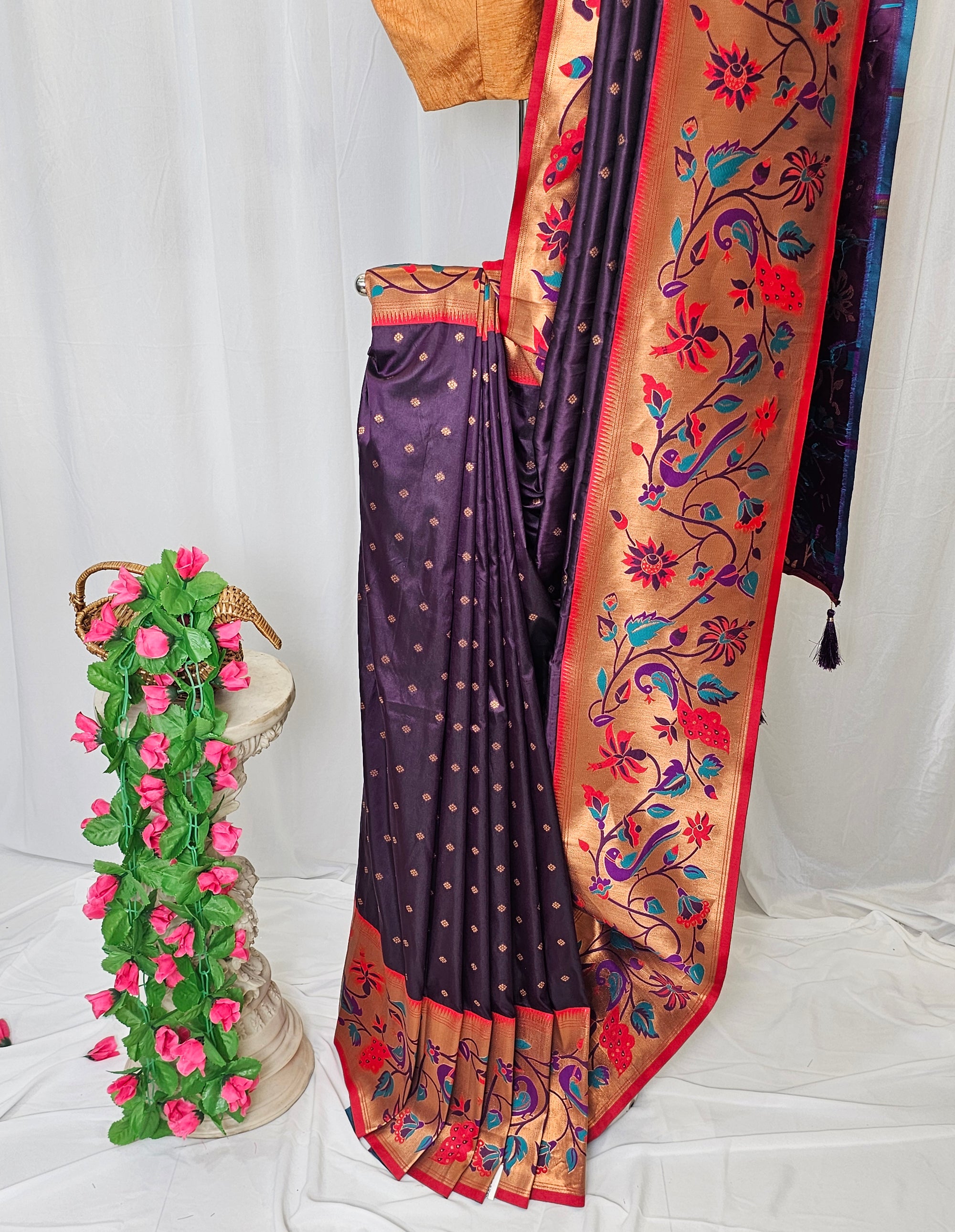 Wine Soft-Silk Paithani Saree with Copper Zari Peacock & Sunflower Border and Karnful Full Butti – Wedding & Festive Wear