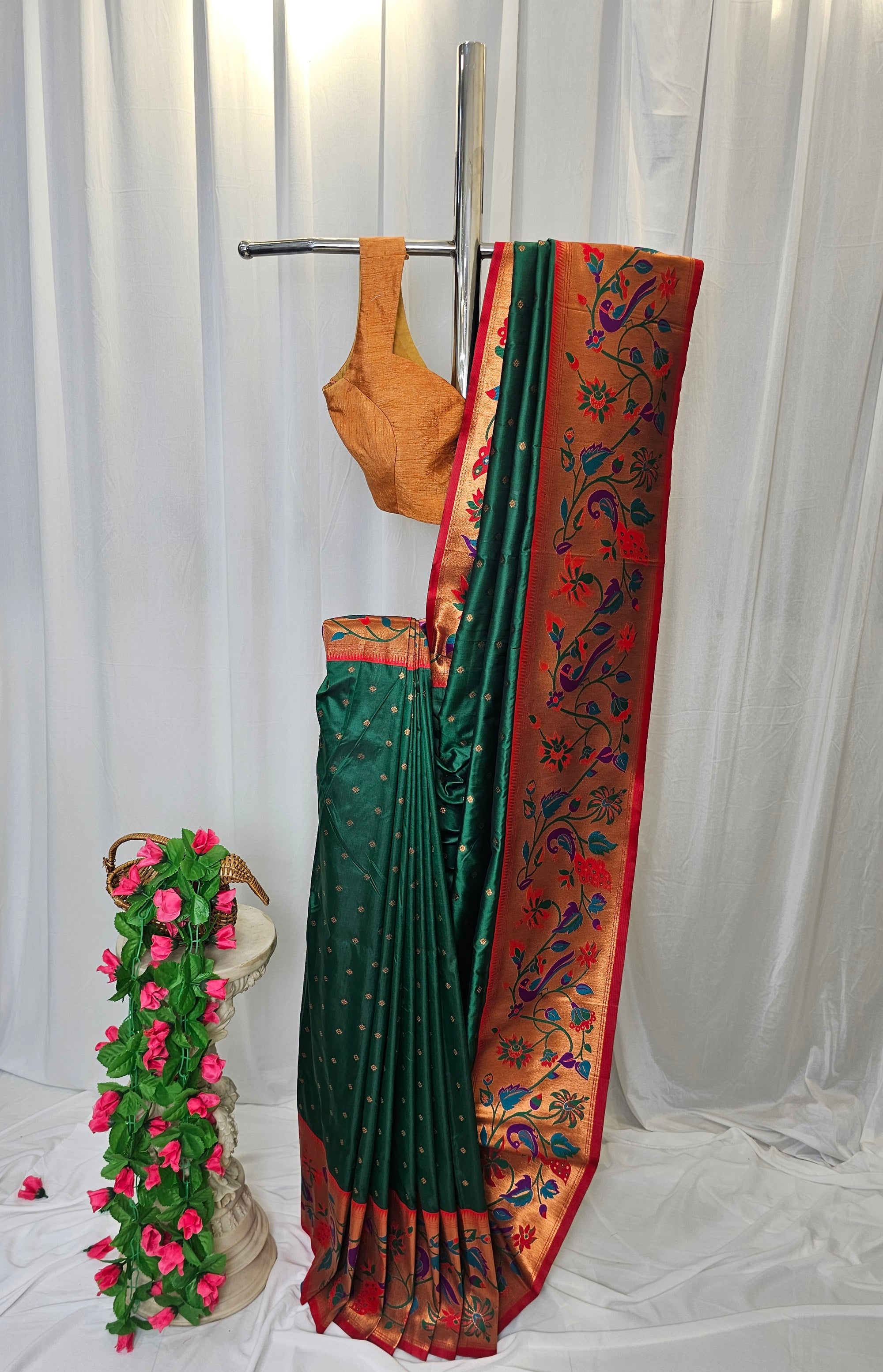 Green Soft-Silk Paithani Saree with Copper Zari Peacock, Parrot & Sunflower Border and Karnful Full Butti Wedding & Festive Wear