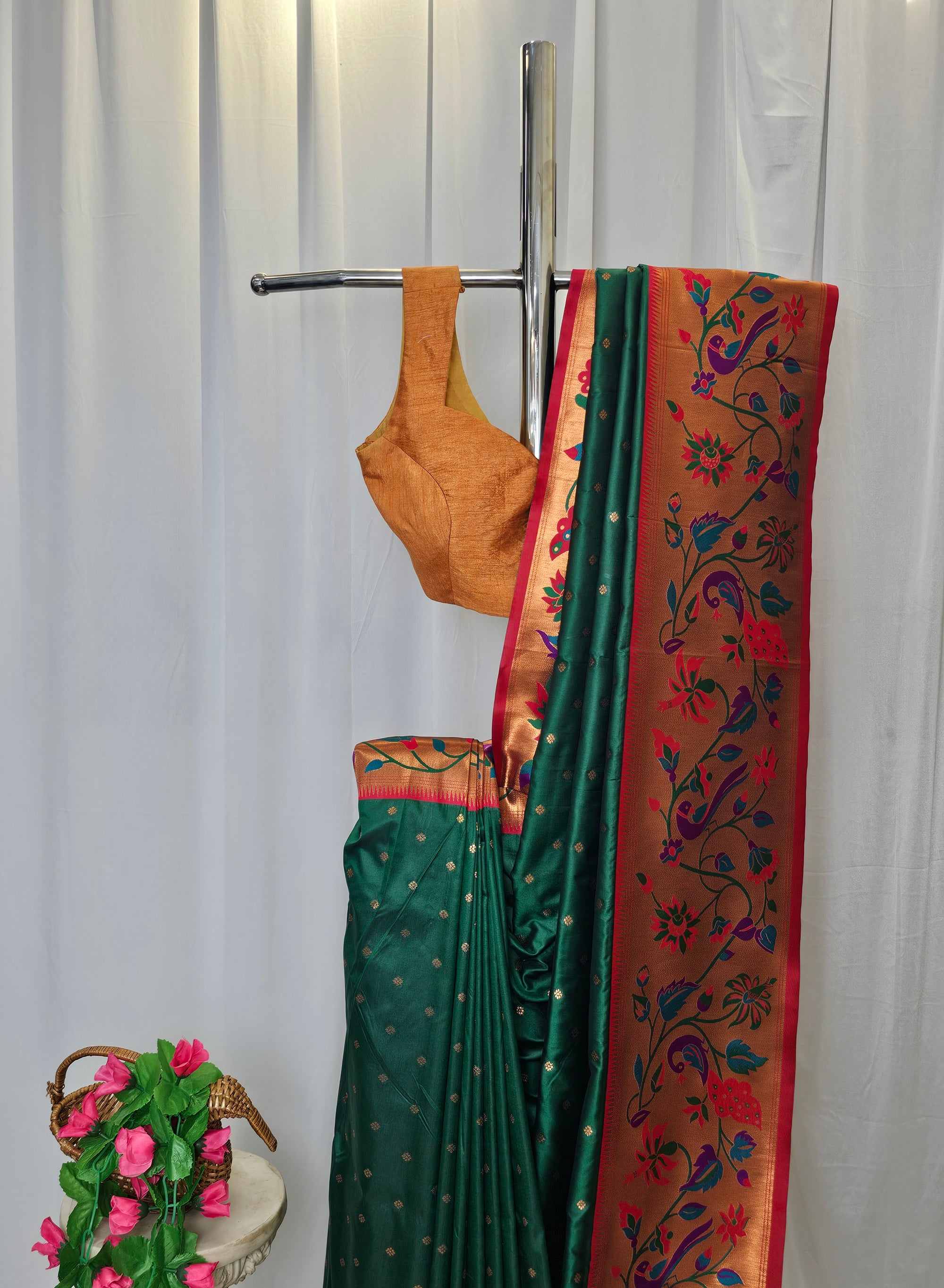 Green Soft-Silk Paithani Saree with Copper Zari Peacock, Parrot & Sunflower Border and Karnful Full Butti Wedding & Festive Wear
