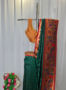 Green Soft-Silk Paithani Saree with Copper Zari Peacock, Parrot & Sunflower Border and Karnful Full Butti Wedding & Festive Wear