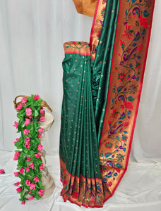 Green Soft-Silk Paithani Saree with Copper Zari Peacock, Parrot & Sunflower Border and Karnful Full Butti Wedding & Festive Wear