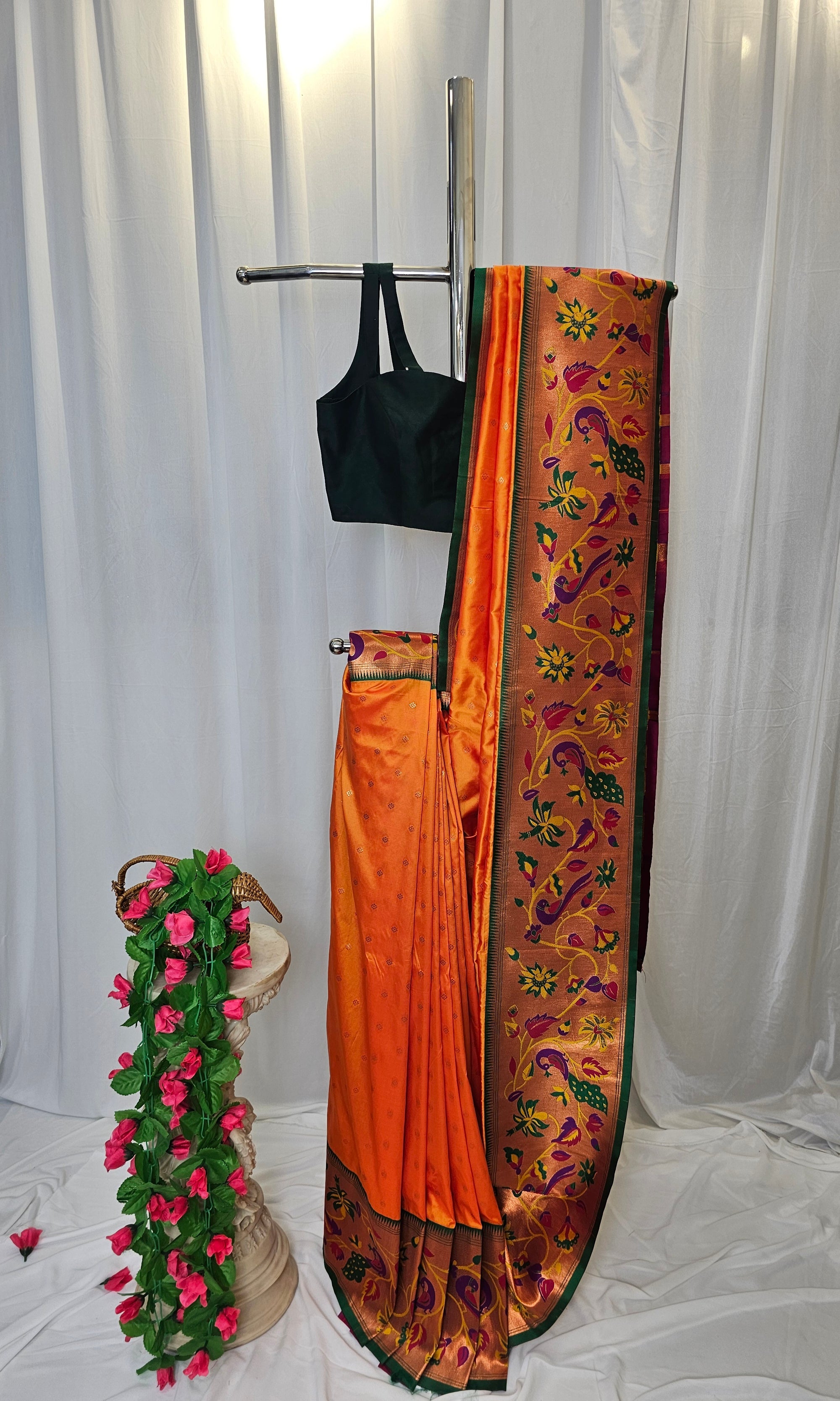 Orange Soft-Silk Paithani Saree with Copper Zari Peacock, Parrot & Sunflower Border and Karnful Full Butti  Wedding & Festive Wear