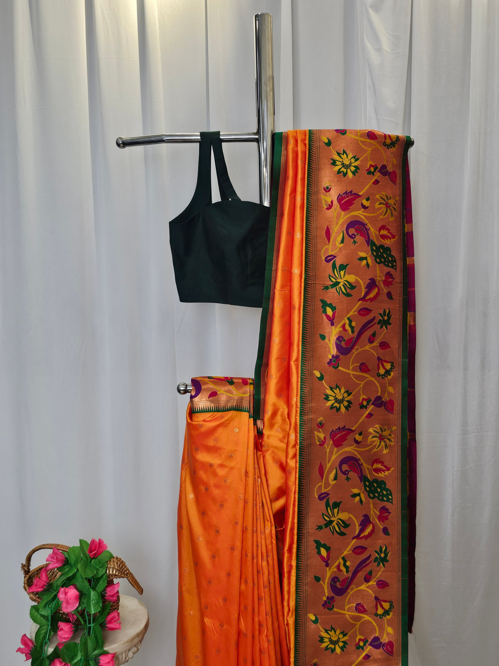 Orange Soft-Silk Paithani Saree with Copper Zari Peacock, Parrot & Sunflower Border and Karnful Full Butti  Wedding & Festive Wear
