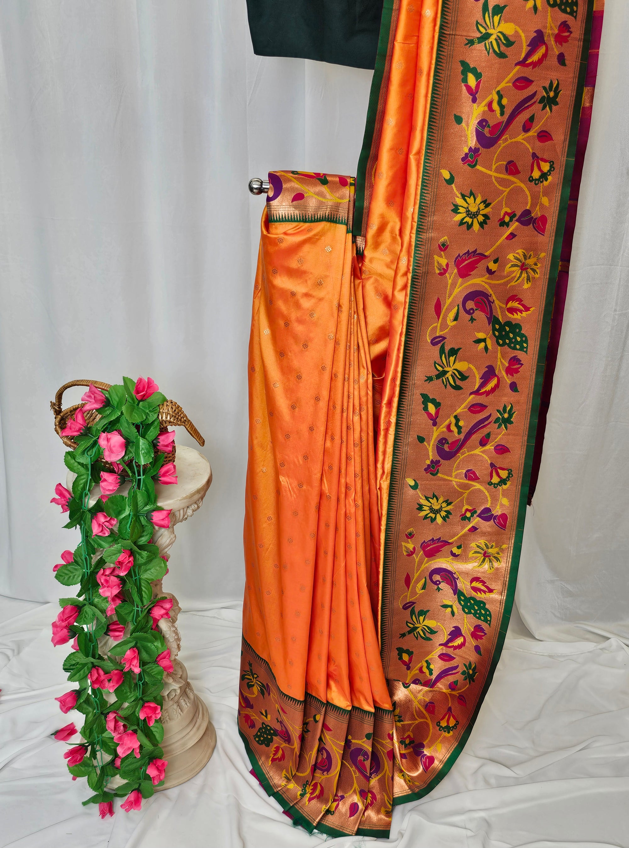 Orange Soft-Silk Paithani Saree with Copper Zari Peacock, Parrot & Sunflower Border and Karnful Full Butti  Wedding & Festive Wear