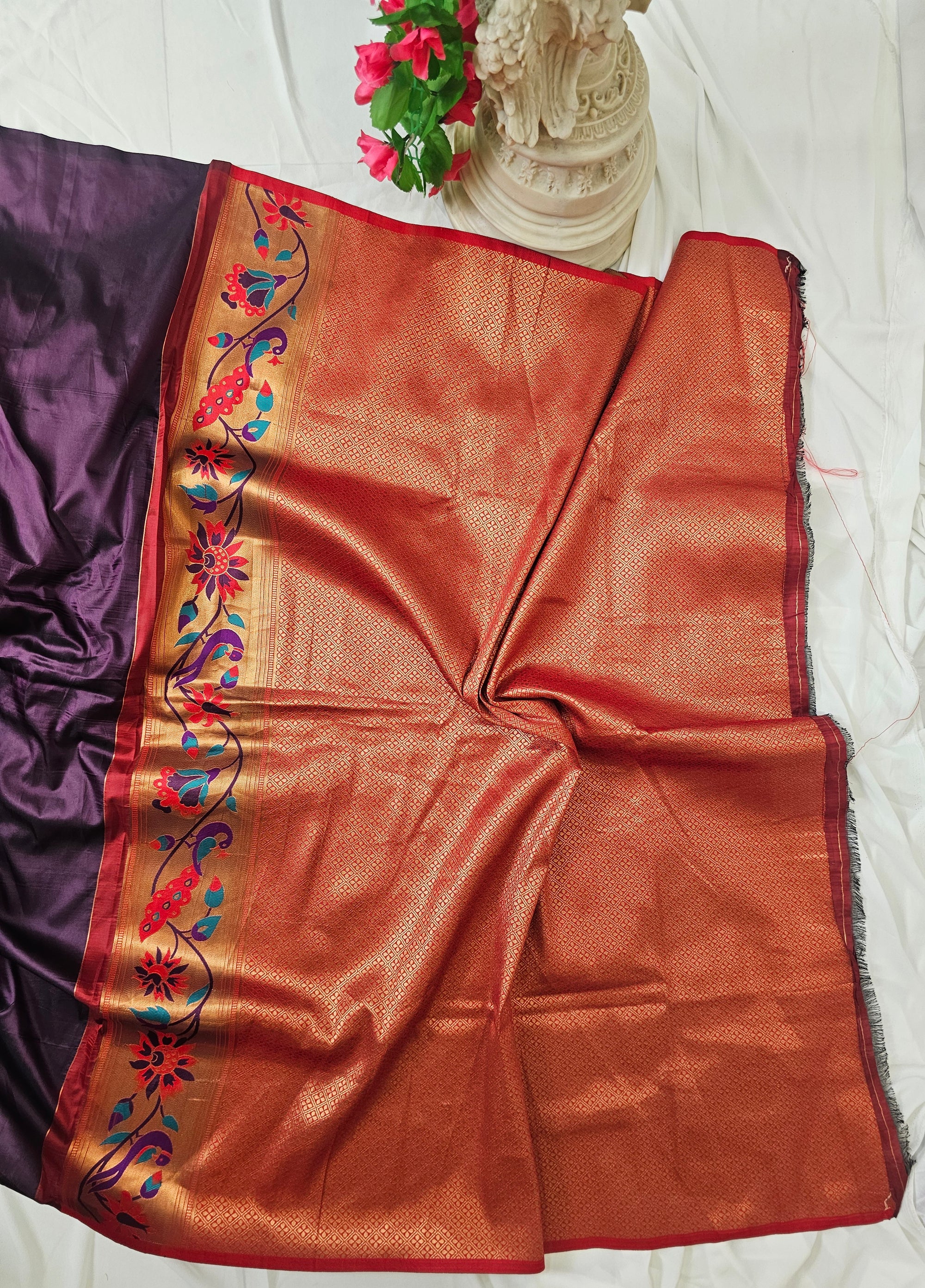 Wine Soft-Silk Paithani Saree with Copper Zari Peacock & Sunflower Border and Karnful Full Butti – Wedding & Festive Wear