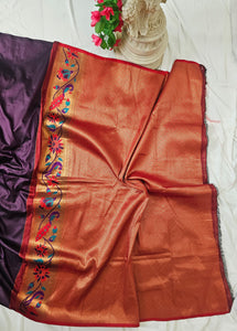 Wine Soft-Silk Paithani Saree with Copper Zari Peacock & Sunflower Border and Karnful Full Butti – Wedding & Festive Wear