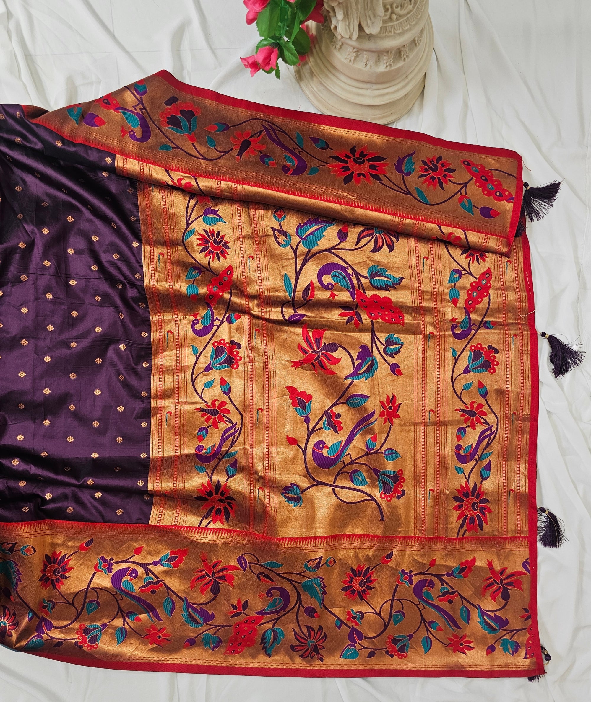 Wine Soft-Silk Paithani Saree with Copper Zari Peacock & Sunflower Border and Karnful Full Butti – Wedding & Festive Wear