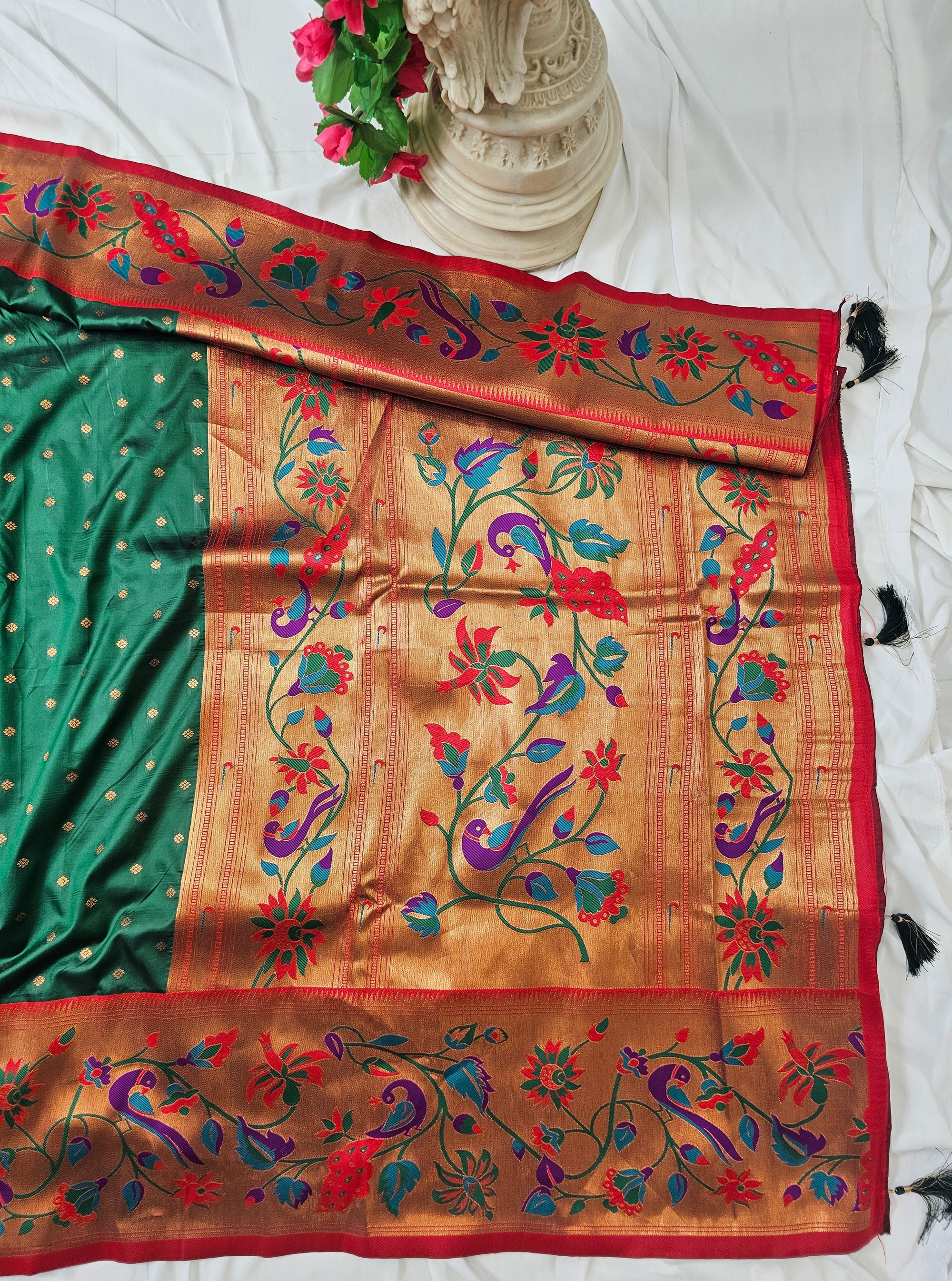 Green Soft-Silk Paithani Saree with Copper Zari Peacock, Parrot & Sunflower Border and Karnful Full Butti Wedding & Festive Wear