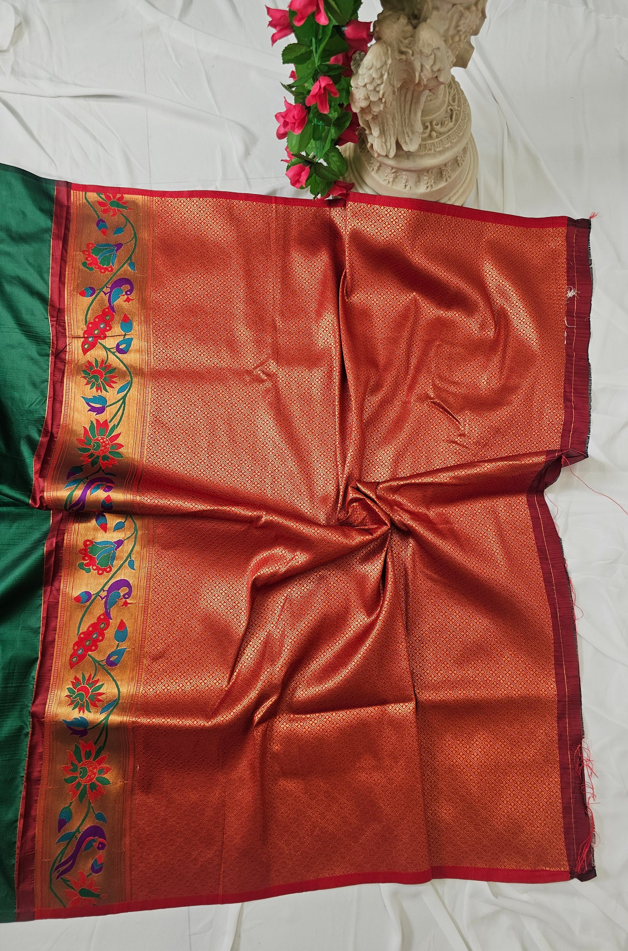 Green Soft-Silk Paithani Saree with Copper Zari Peacock, Parrot & Sunflower Border and Karnful Full Butti Wedding & Festive Wear