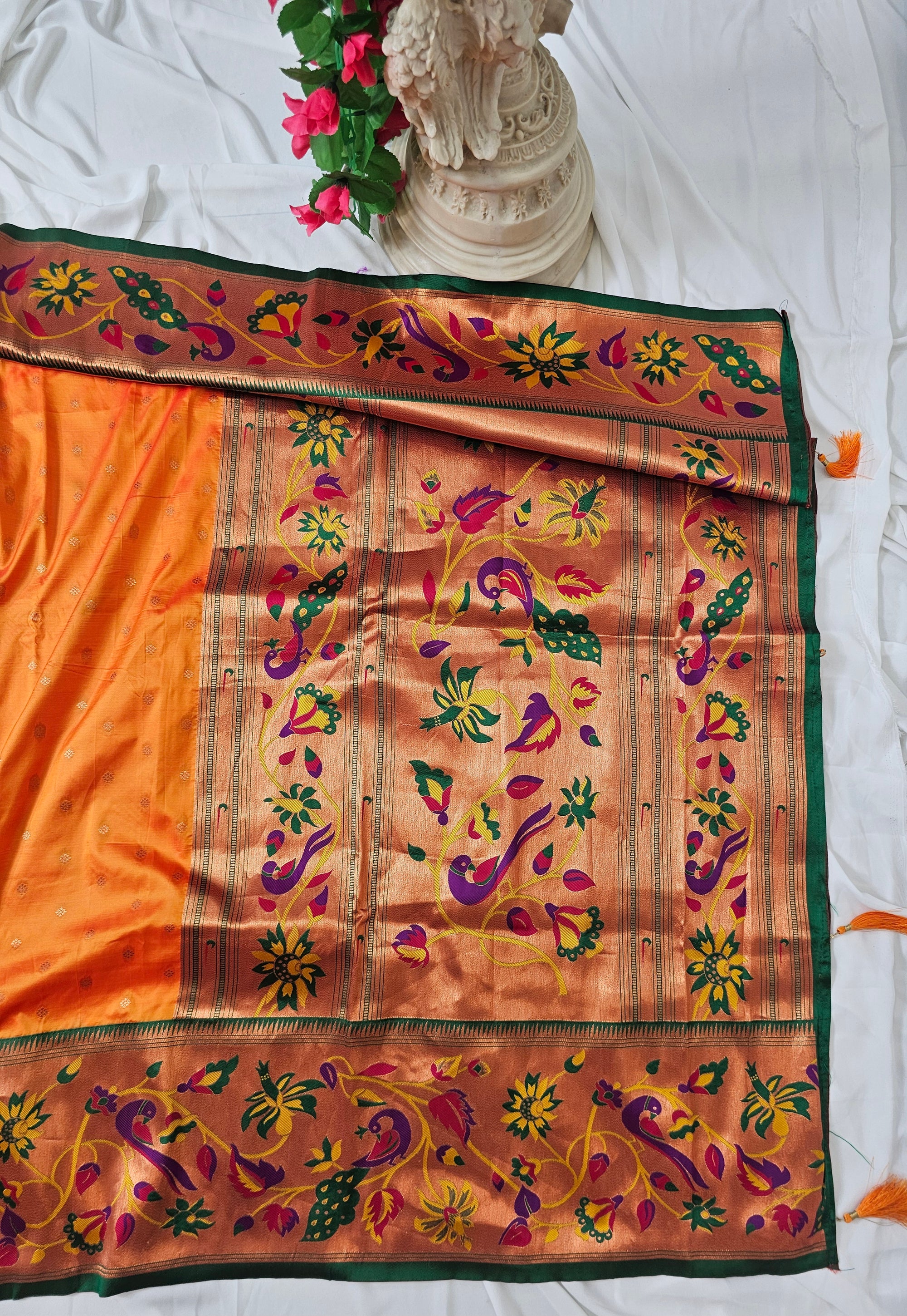 Orange Soft-Silk Paithani Saree with Copper Zari Peacock, Parrot & Sunflower Border and Karnful Full Butti  Wedding & Festive Wear