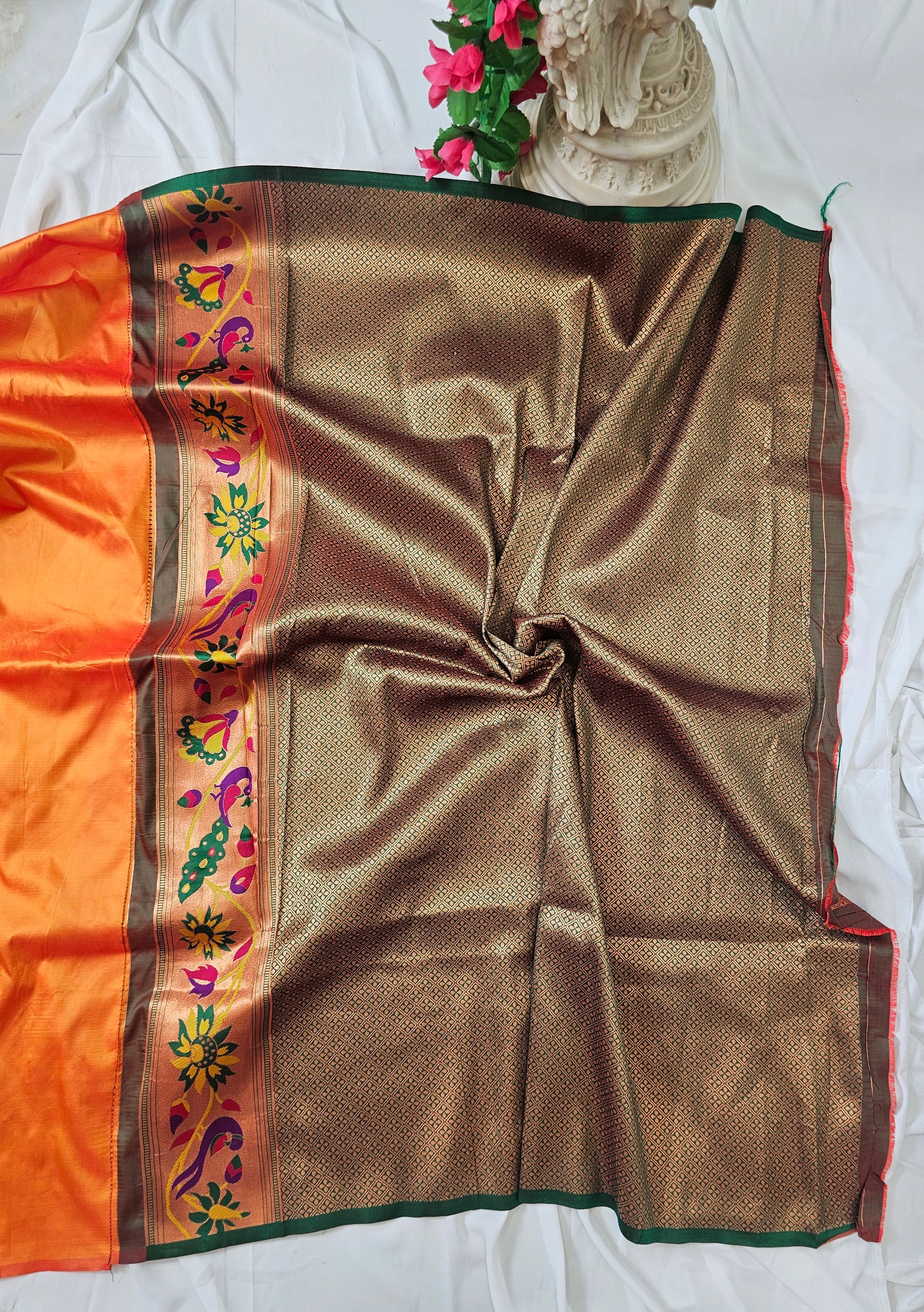 Orange Soft-Silk Paithani Saree with Copper Zari Peacock, Parrot & Sunflower Border and Karnful Full Butti  Wedding & Festive Wear