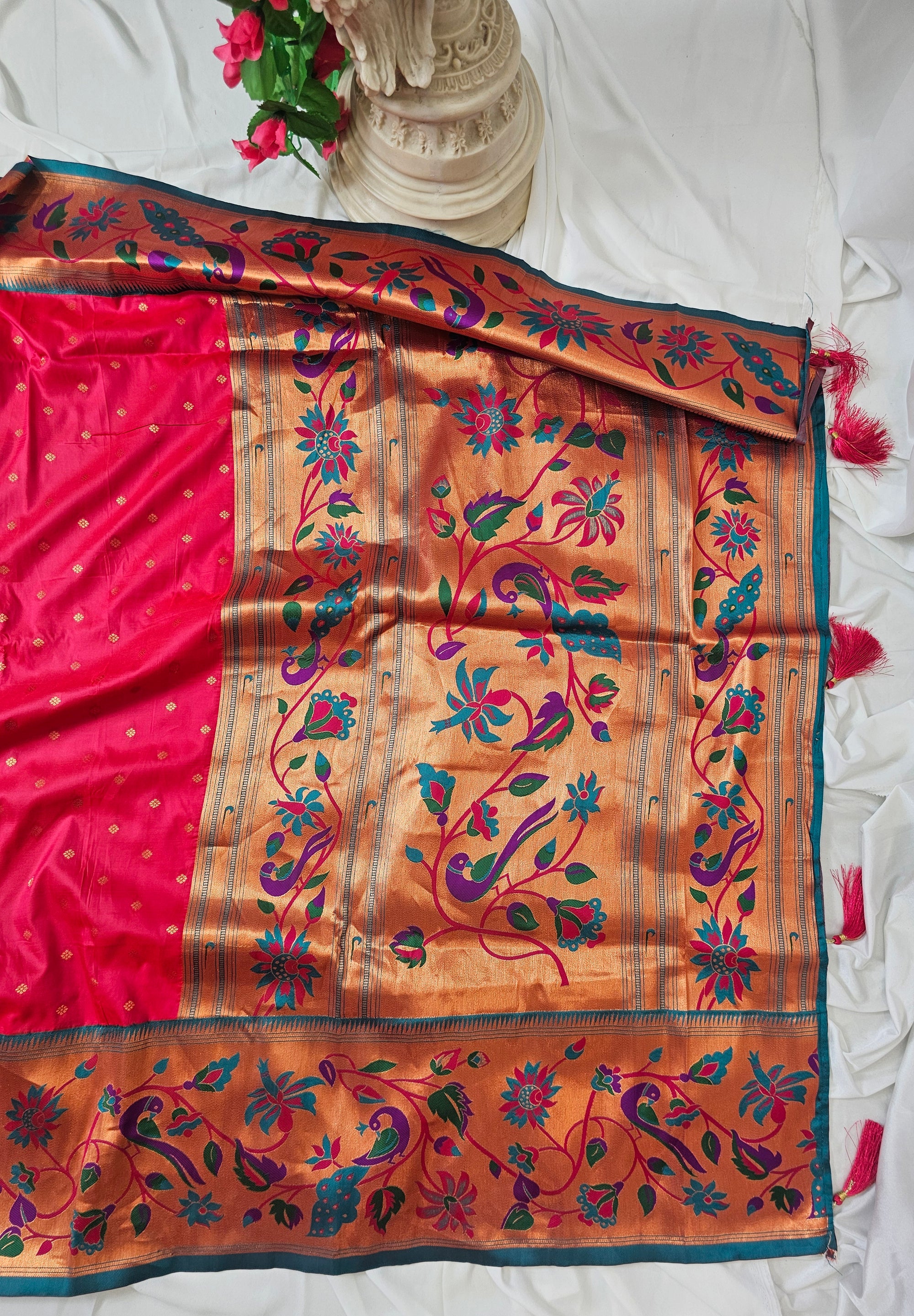 Carrot Pink Soft-Silk Paithani Saree with Copper Zari Peacock, Parrot & Sunflower Border and Karnful Full Butti – Wedding & Festive Wear