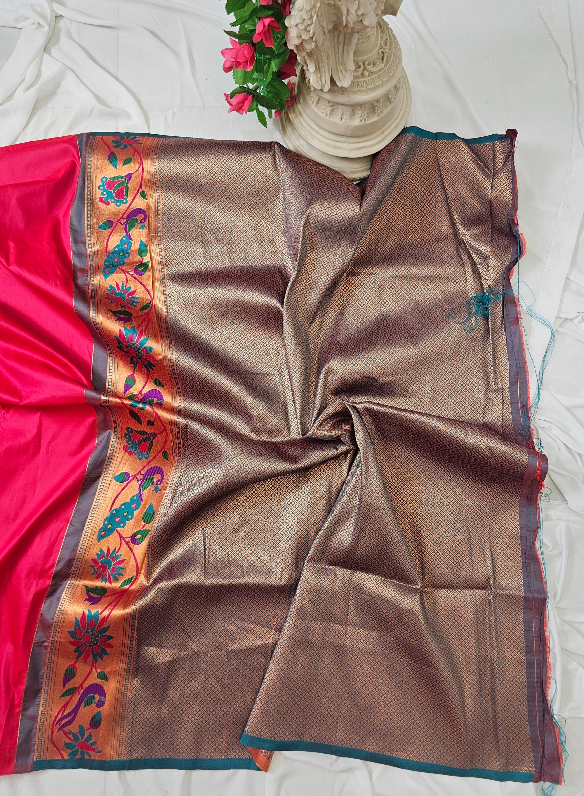 Carrot Pink Soft-Silk Paithani Saree with Copper Zari Peacock, Parrot & Sunflower Border and Karnful Full Butti – Wedding & Festive Wear