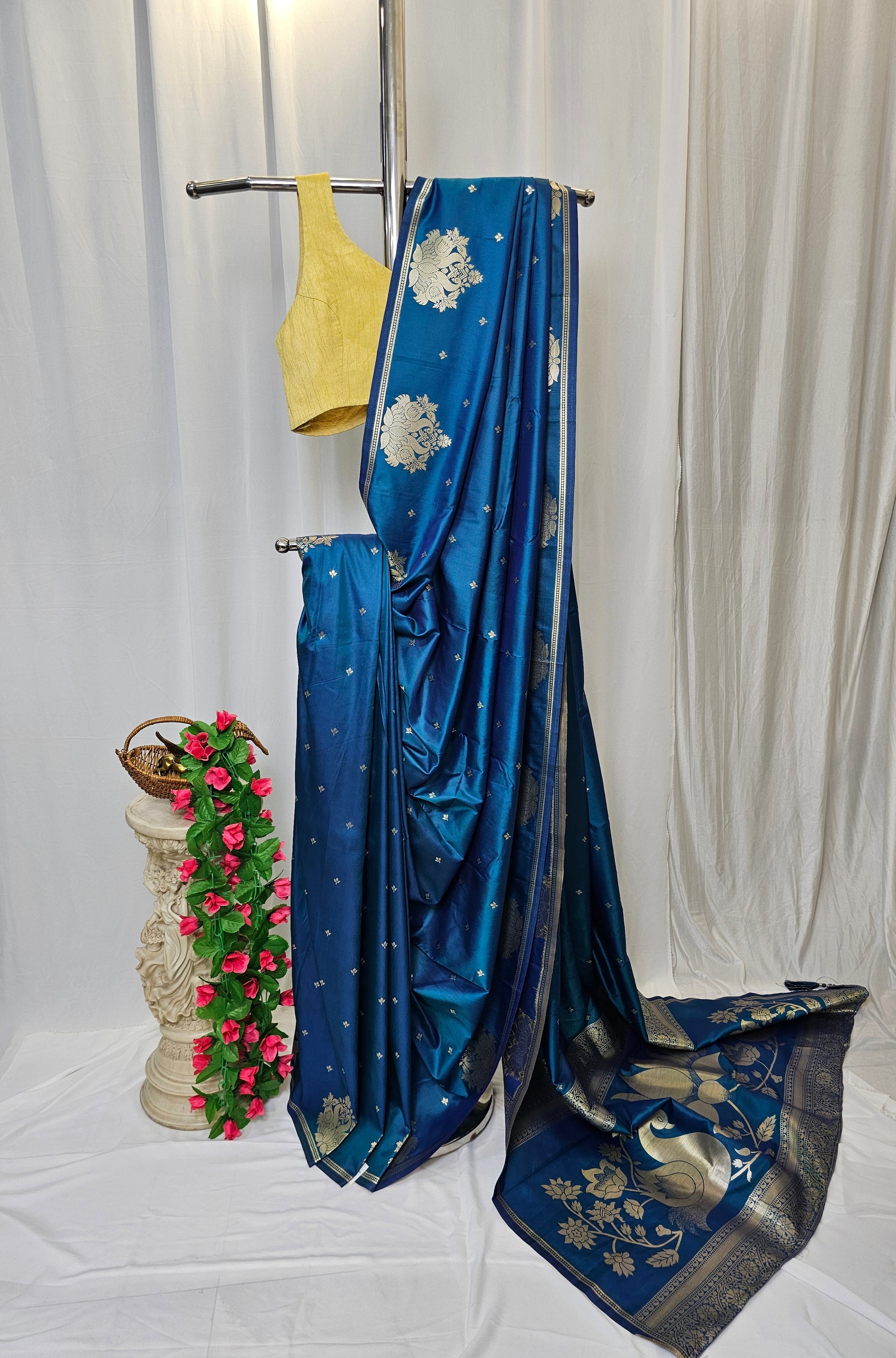 Rama Blue Soft-Silk Paithani Saree with Gold Zari Rajhans Border & Jai Jui Full Butti – Wedding & Festive Wear
