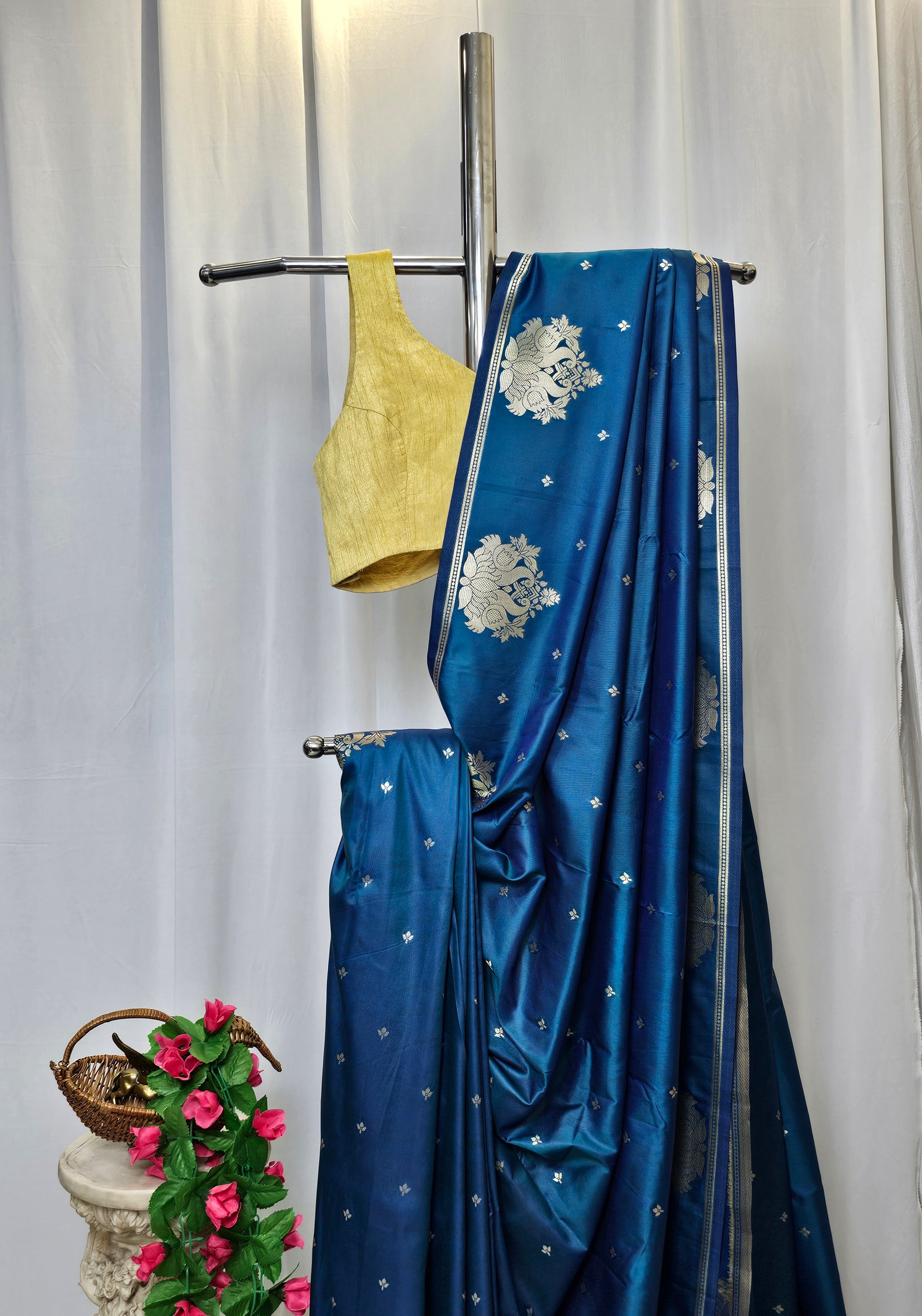 Rama Blue Soft-Silk Paithani Saree with Gold Zari Rajhans Border & Jai Jui Full Butti – Wedding & Festive Wear